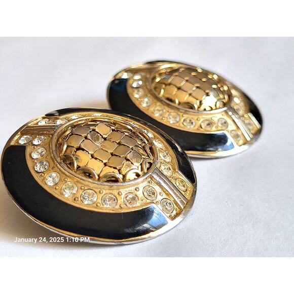 Vintage Whiting & Davis Medallion Gold Mesh Black Enamel Clip Earrings Art Deco - Picture 2 of 4